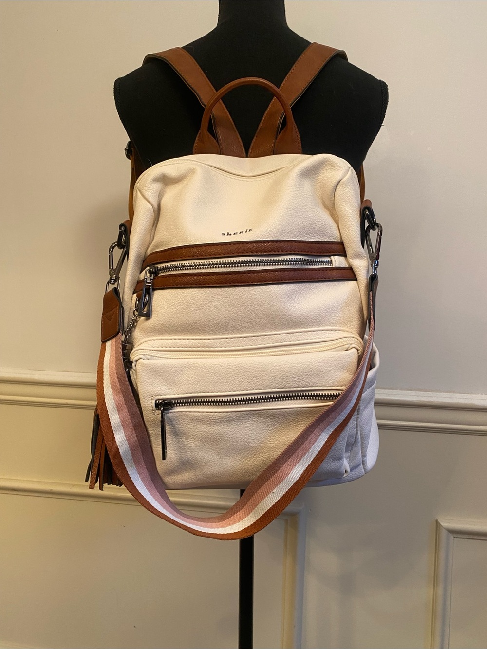 Cream & Tan Leather Backpack with Striped Accent Strap with Wallet 2 Piece